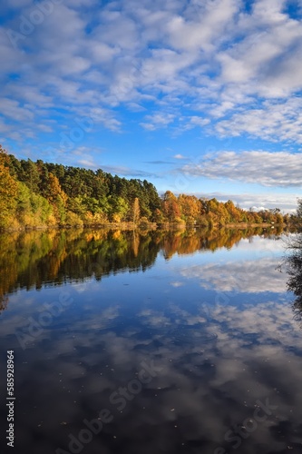 Fototapeta Naklejka Na Ścianę i Meble -  Autumn scene by the water. Colorful trees reflecting in a beautiful pond.
