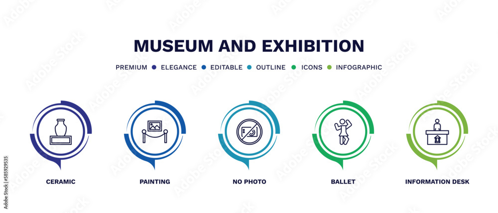 set of museum and exhibition thin line icons. museum and exhibition outline icons with infographic template. linear icons such as ceramic, painting, no photo, ballet, information desk vector. set of museum and exhibition thin line icons. museum and exhibition outline icons with infographic template. linear icons such as ceramic, painting, no photo, ballet, information desk vector.