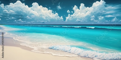 Sunny beach paradise with crystal clear blue waves  Relaxing on a sun lounger with ocean waves crashing  Tropical vacation escape with a stunning coastline  GENERATIVE AI
