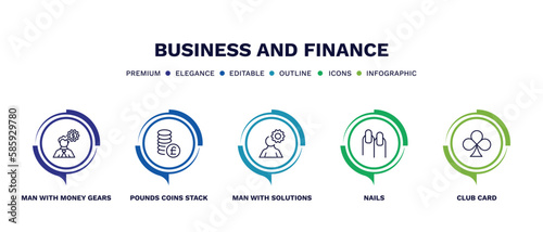 set of business and finance thin line icons. business and finance outline icons with infographic template. linear icons such as man with money gears, pounds coins stack, man with solutions, nails,