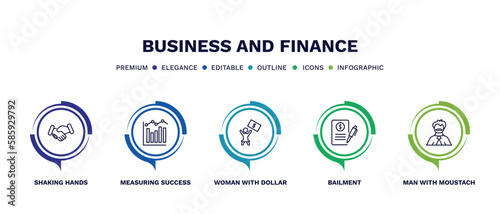 set of business and finance thin line icons. business and finance outline icons with infographic template. linear icons such as shaking hands, measuring success, woman with dollar bill, bailment,