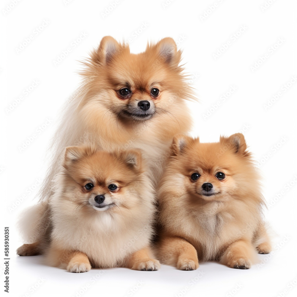Beautiful red dog breed Pomeranian with puppies isolated on white background close-up, lovely pets, ai generative Beautiful red dog breed Pomeranian with puppies isolated on white background close-up, lovely pets, ai generative