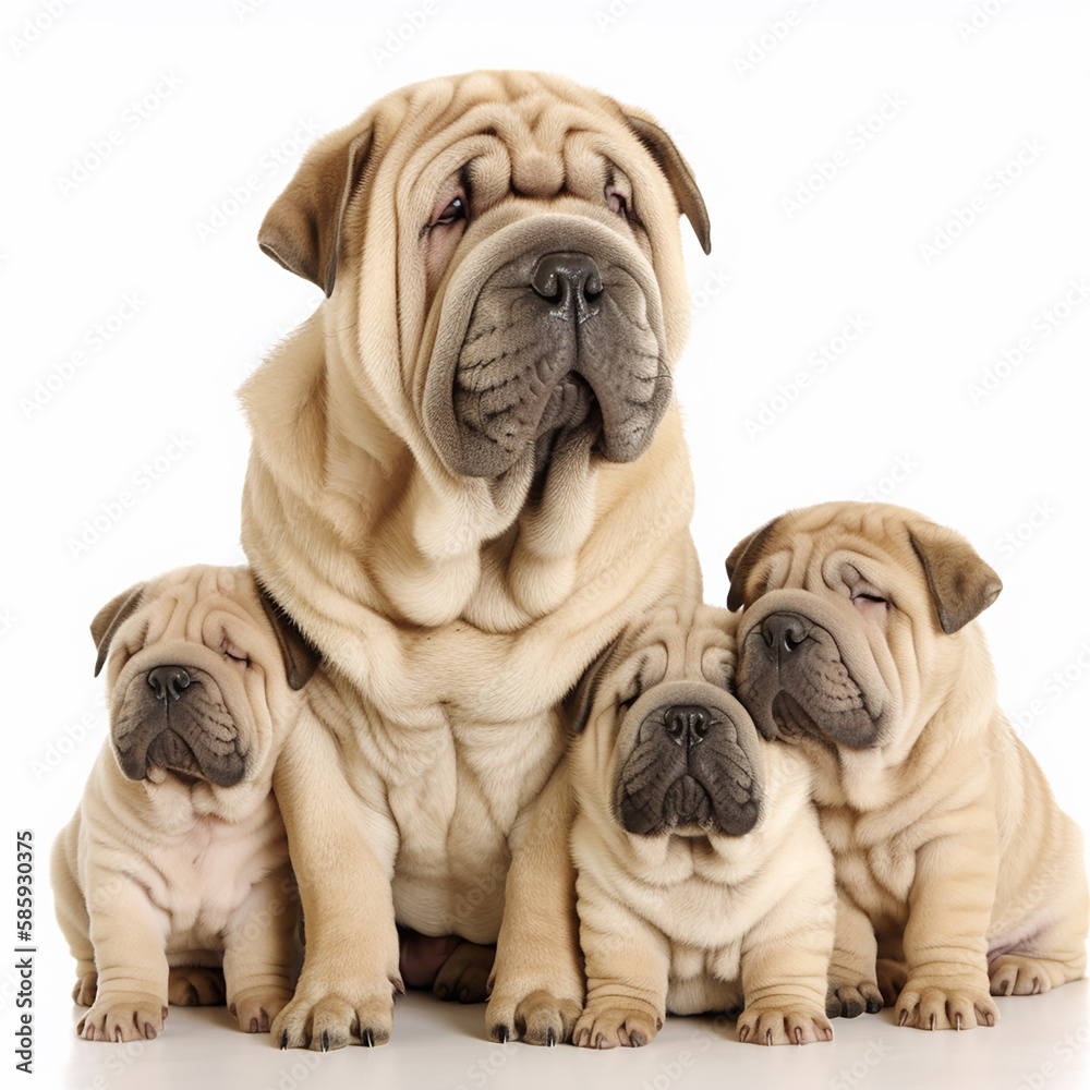 Beautiful wrinkled dog breed Shar Pei with puppies isolated on white background close-up, lovely pets, ai generative