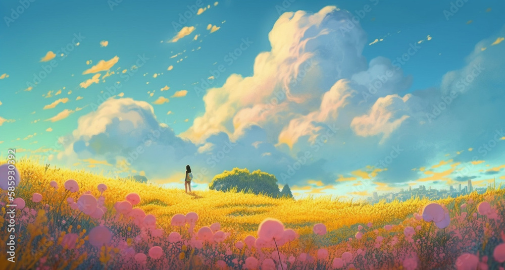 custom made wallpaper toronto digitalFlower fields landscape anime style, generative AI