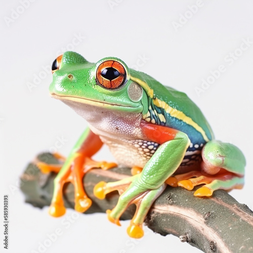 Adorable green multi-colored tree frog isolated on white close-up  unusual amphibian  ai generative