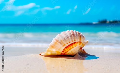 Travel and vacation background with beautiful seashell lies on the sandy shore of the azure sea. Created with Generative AI technology.