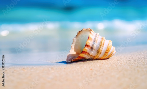 Travel and vacation background with beautiful seashell lies on the sandy shore of the azure sea. Created with Generative AI technology.