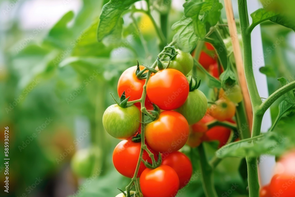 Growing tomatoes in a greenhouse. Agriculture industry. Created with Generative AI technology.