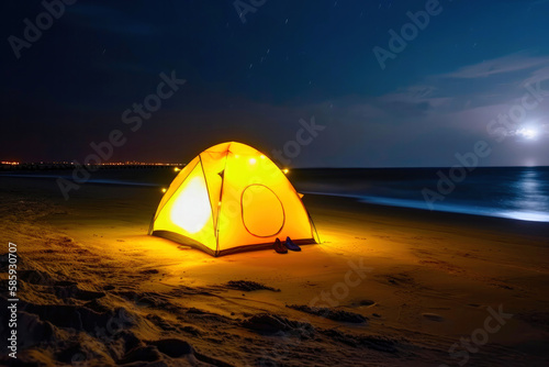 Sleepover in a tent on the lake shore. Created with Generative AI technology.