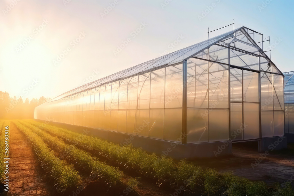 Industrial greenhouses in agriculture. Created with Generative AI technology.
