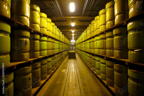 Storage of radioactive waste in barrels, radiation storage. Created with Generative AI technology.