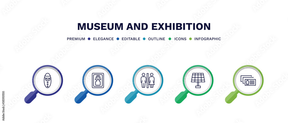 set of museum and exhibition thin line icons. museum and exhibition outline icons with infographic template. linear icons such as mask, el greco, restroom, panel, postcards vector. set of museum and exhibition thin line icons. museum and exhibition outline icons with infographic template. linear icons such as mask, el greco, restroom, panel, postcards vector.