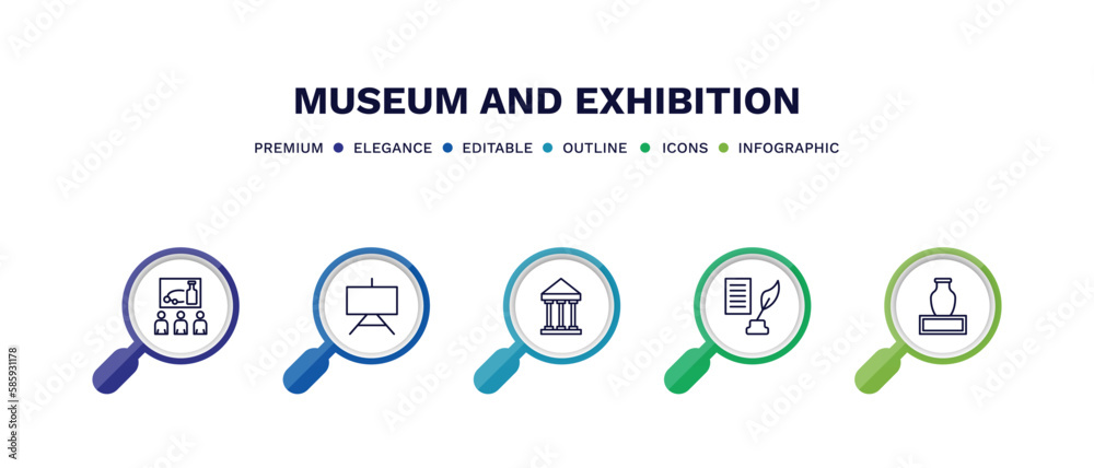set of museum and exhibition thin line icons. museum and exhibition outline icons with infographic template. linear icons such as tour, museum canvas, antic architecture, poetry, ceramic vector. set of museum and exhibition thin line icons. museum and exhibition outline icons with infographic template. linear icons such as tour, museum canvas, antic architecture, poetry, ceramic vector.