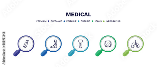 set of medical thin line icons. medical outline icons with infographic template. linear icons such as gum, plastered foot, blood sample, germs, lungs vector.