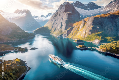 cruise ship from a higher altitude, giving us a better sense of the scale of the vessel and the vastness of the fjord. The ship is flanked by towering cliffs on either side. AI generative