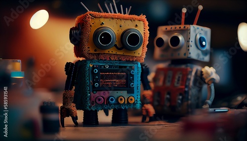 Funny toy cardboard robots. Innovation technology and creative concept.