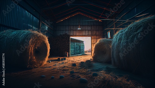 Photographie Haystacks sorted inside an agricultural modern warehouse in countryside