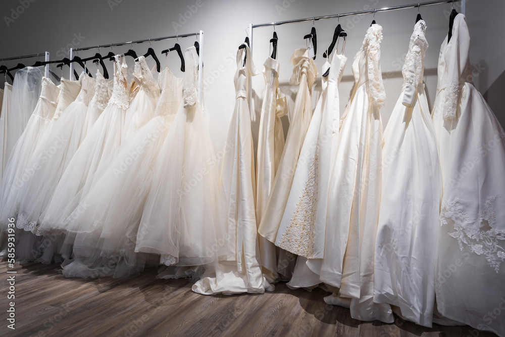 Collection of wedding dresses in the shop