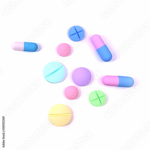 Multicolored pills and tablets isolated on white. Medical background, top view, healthcare and medicine concept. Heap of medicine pills. Background from colorful pills and capsules.