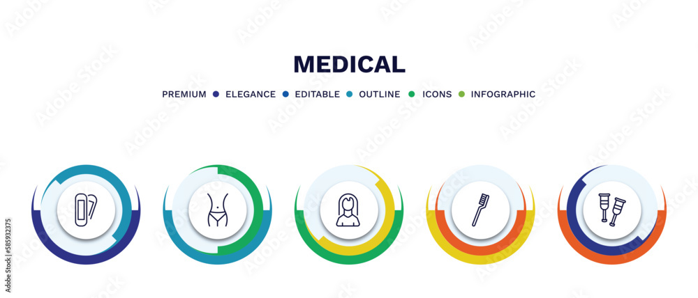 set of medical thin line icons. medical outline icons with infographic template. linear icons such as plaster, fit, female, tooth brush, crutches vector.