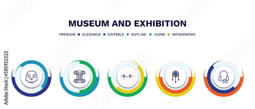 set of museum and exhibition thin line icons. museum and exhibition outline icons with infographic template. linear icons such as anthropology, antique column, museum fencing, dreamcatcher, audio