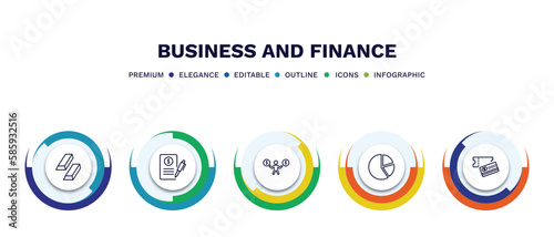 set of business and finance thin line icons. business and finance outline icons with infographic template. linear icons such as ingot, bailment, man holding a big coin, pie chart file, credit card