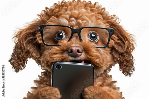 A cute fluffy puppy using smartphone. Generative AI