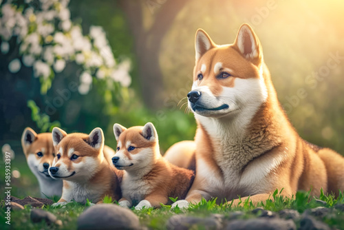 Shiba Inu mother dog with her puppies in park. Offspring and luxury breed concept. AI generative