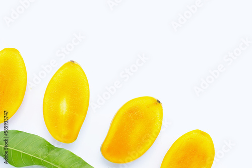 Tropical fruit, Mango with leaves on white background.