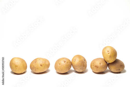 Quadro em tela A photograph of several yellow and brown russet potatoes laying in a row isolated on a white background with copy space above