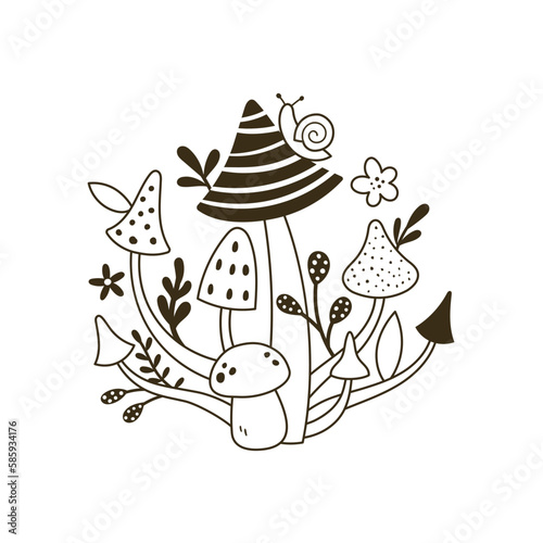 vector black and white image with mushrooms