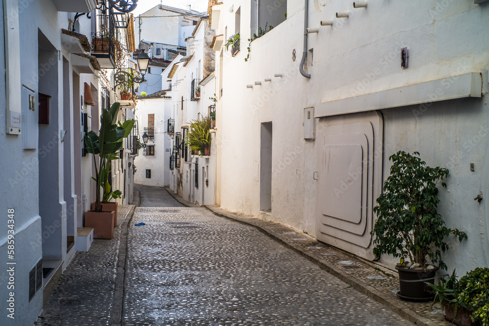 Empty streets of the old town of Altea. Classic Medieval
white Spanish town on Costa Blanca