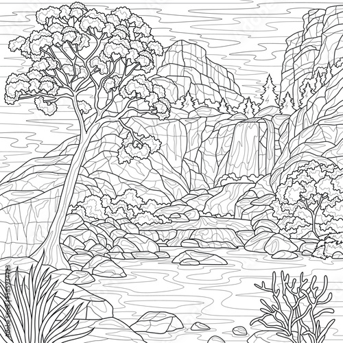 Landscape with mountains and a waterfall.Coloring book antistress for adults. Illustration isolated on white background.Zen-tangle style. Hand draw