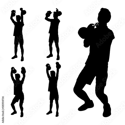 Set silhouettes athletes weight lifter lift kettlebell, weights. Weight lifting. Vector figures of sports men