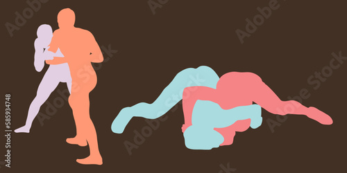 Vector athletes wrestlers in the fight, duel, fight. Figures of strong men. Greco Roman, freestyle, classical wrestling.