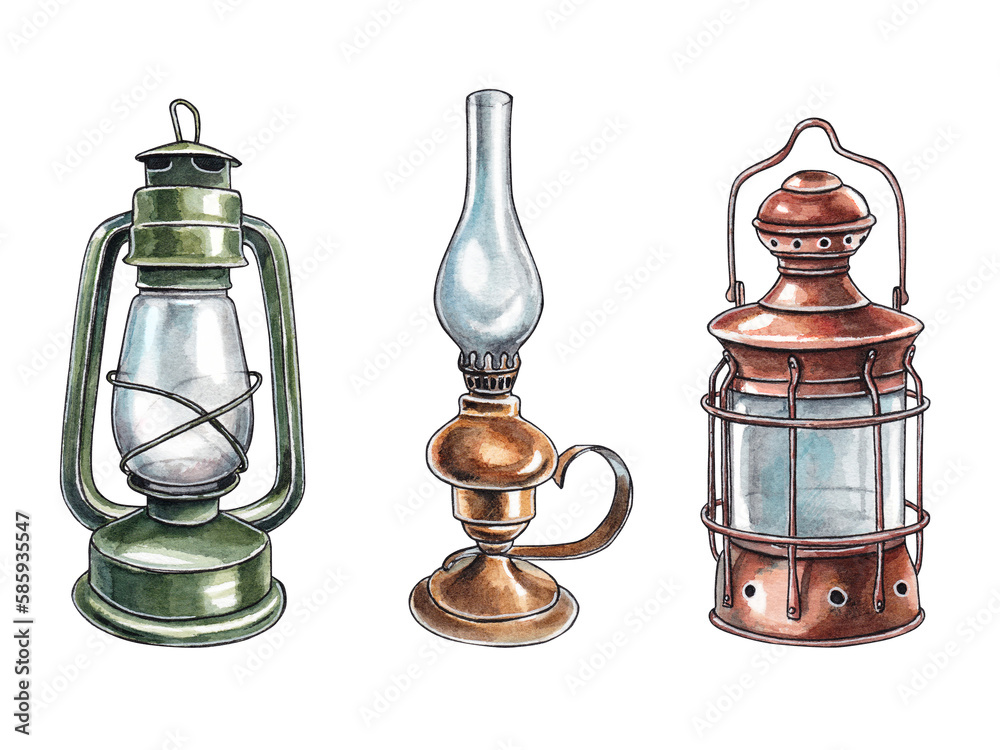 Set of kerosene lamps isolated on white background. Old lanterns on  kerosene. Watercolor hand drawn illustration for clipart. Can be used for  postcards, invitations, prints. Stock Illustration | Adobe Stock