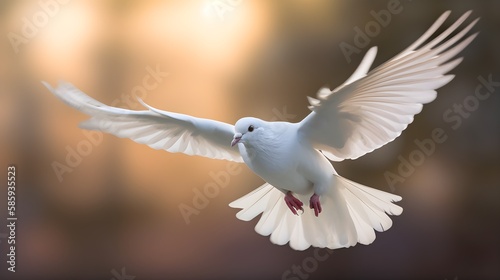 Majestic white dove flying, graceful, peaceful and free. Photorealistic illustration. Generative AI. photo