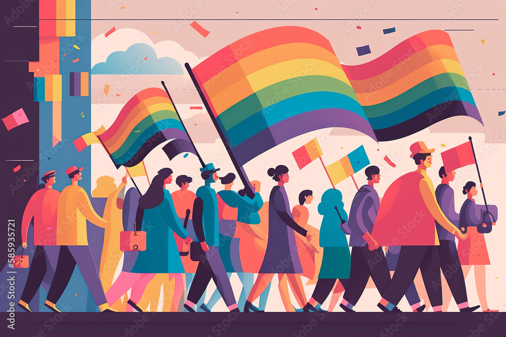 Vibrant rainbow colored flags and banners carried by diverse group of people, all walking together in solidarity to celebrate love, acceptance, and equality at LGBTQ+ pride parade. Generative AI.
