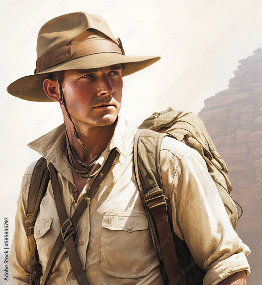 young adventurer with bright clothes and big hat, carrying a backpack ...