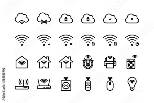 Smart home wifi connected icon set with adjustable line weight	