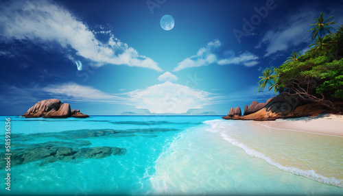 A tranquil beach scene with a crystal blue sea meets the golden sand, palm trees, and a sky filled with fluffy white clouds in the distance. A perfect place to relax.