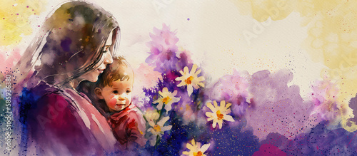 Happy mother`s day. Watercolor Painting illustration, generative ai.