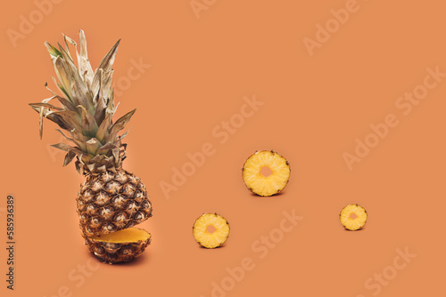 Pineapple eats small rings. Minimal design. Brown background.