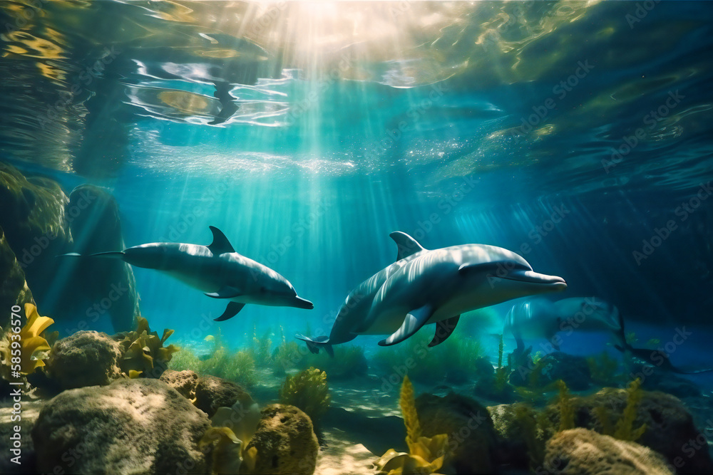 A group of dolphins playfully jumping out of crystal-clear water against a backdrop of lush greenery