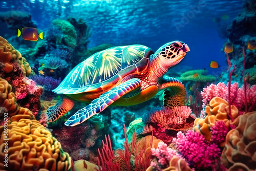 A vibrant coral reef bustling with colorful fish and sea turtles lazily swimming