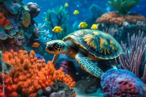 A vibrant coral reef bustling with colorful fish and sea turtles lazily swimming