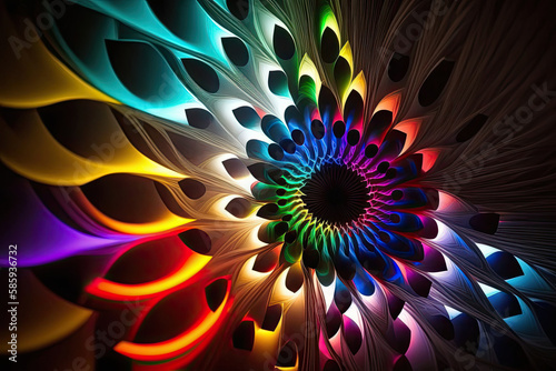 illustration of bright colors arranged in a circle in peacock tail look created with Generative AI technology