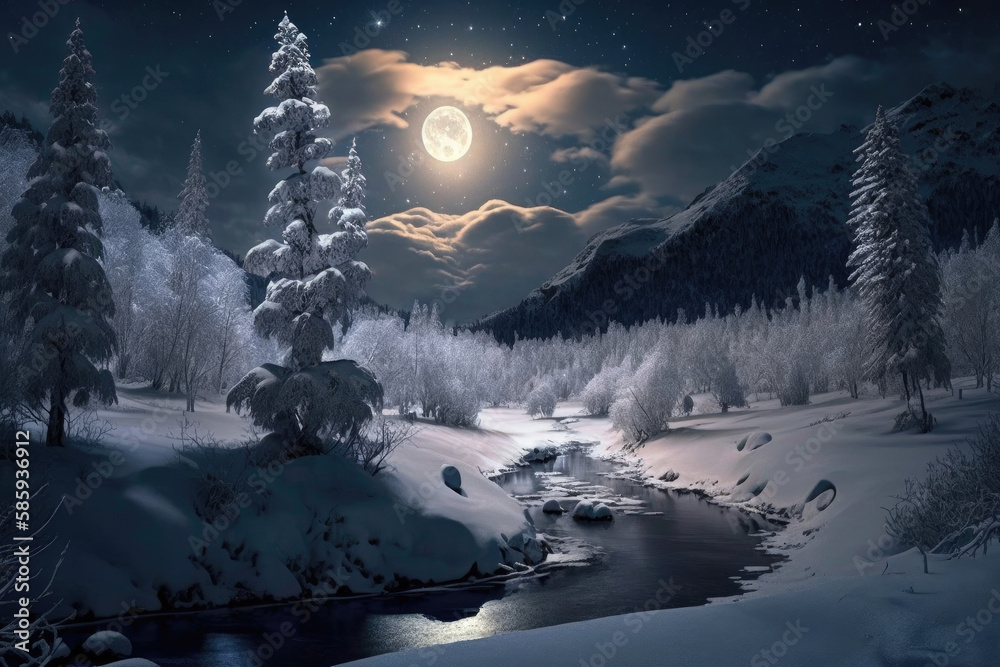 winter landscape with winding river and snowy trees under the starry ...