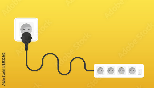 Socket environment concept. Socket and Plugs inserted in Electrical Outlet. Electric extension cord. Cable clutter. Cable management. Flat style. Vector illustration