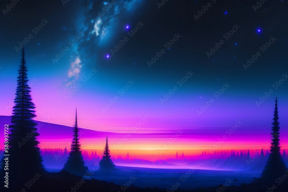 Fototapeta premium Graphic representation of A Surreal Dark Landscape with a Glowing Blue Planet. Generative AI. 